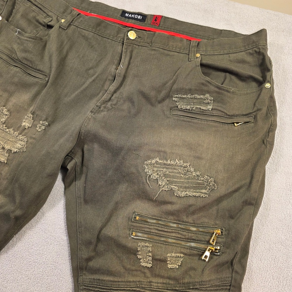 Makobi Jeans Mens 52x32 Olive Green Biker Moto Distressed Streetwear Urban